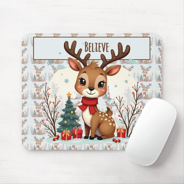 Cute Christmas Reindeer Scene Snowy Forest Mouse Pad (With Mouse)