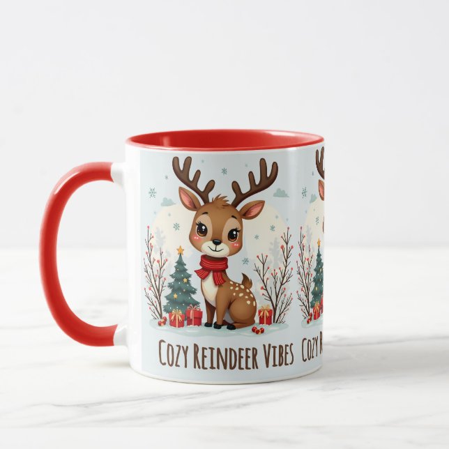 Cute Christmas Reindeer Scene Snowy Forest Mug (Left)
