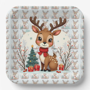 Cute Christmas Reindeer Scene Snowy Forest Paper Plate