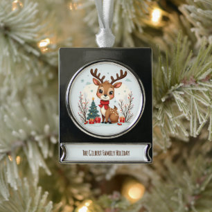 Cute Christmas Reindeer Scene Snowy Forest Silver Plated Banner Ornament