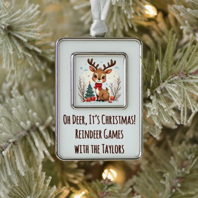 Cute Christmas Reindeer Scene Snowy Forest Silver Plated Framed Ornament (Tree)