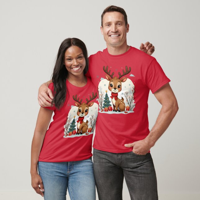 Cute Christmas Reindeer Scene Snowy Forest T-Shirt (Unisex)