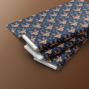 Cute Christmas Reindeer Seamless Pattern Blue Fabric