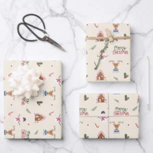Cute Christmas Reindeer Snowman Pattern Whimsical  Wrapping Paper Sheet