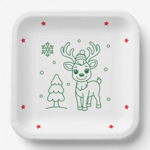 Cute Christmas Reindeer Square Paper Plate