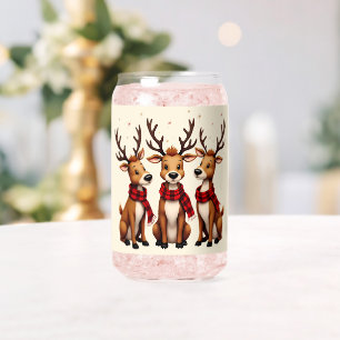 Cute Christmas Reindeer Trio with Plaid Scarves Can Glass