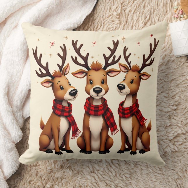 Cute Christmas Reindeer Trio with Plaid Scarves Cushion (Blanket)