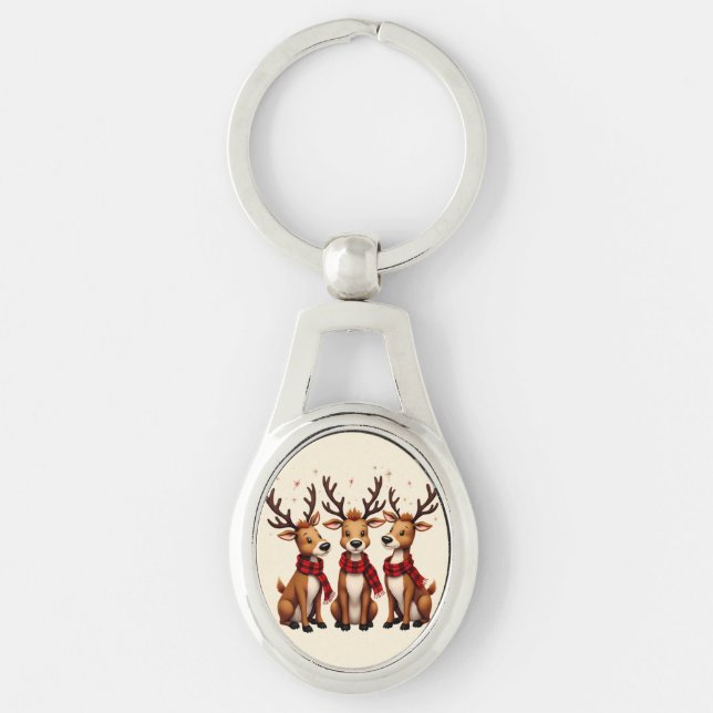 Cute Christmas Reindeer Trio with Plaid Scarves Key Ring (Front)