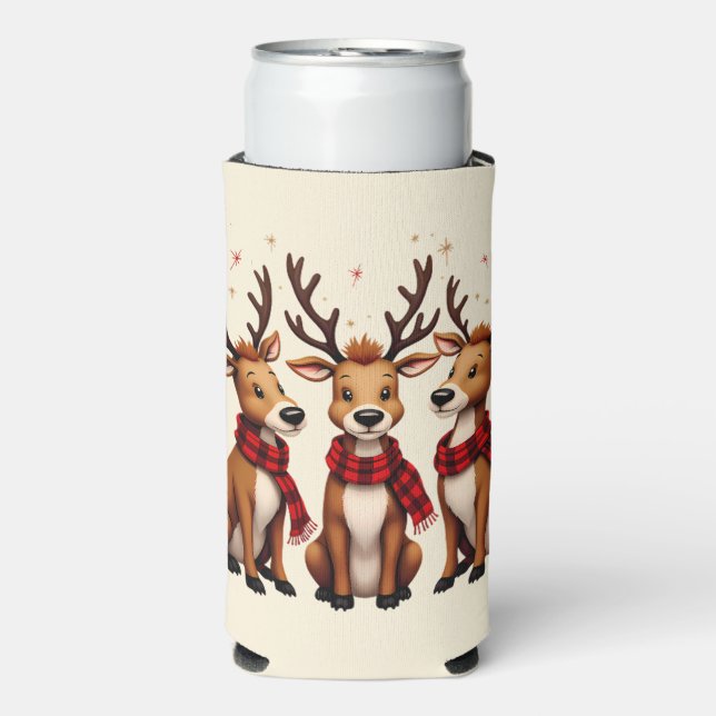 Cute Christmas Reindeer Trio with Plaid Scarves Seltzer Can Cooler (Seltzer Front)