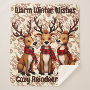 Cute Christmas Reindeer Trio with Plaid Scarves Sherpa Blanket