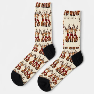 Cute Christmas Reindeer Trio with Plaid Scarves Socks