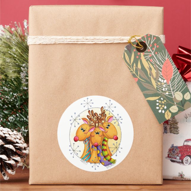 Cute Christmas Reindeer Wearing Scarves with Stars Classic Round Sticker (Holiday)