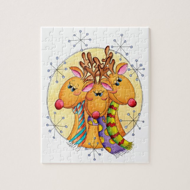 Cute Christmas Reindeer Wearing Scarves with Stars Jigsaw Puzzle (Vertical)