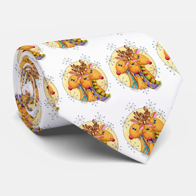 Cute Christmas Reindeer Wearing Scarves with Stars Tie (Rolled)