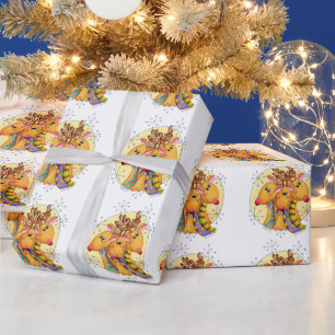 Cute Christmas Reindeer Wearing Scarves with Stars Wrapping Paper