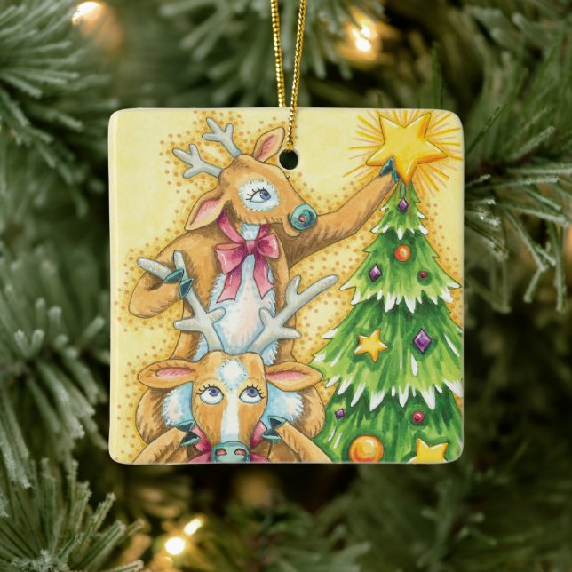 Cute Christmas Reindeer With Christmas Tree Star Ceramic Tree Decoration (Tree)