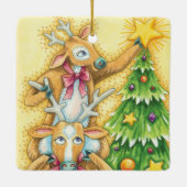 Cute Christmas Reindeer With Christmas Tree Star Ceramic Tree Decoration (Back)