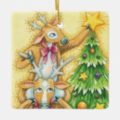 Cute Christmas Reindeer With Christmas Tree Star Ceramic Tree Decoration (Front)
