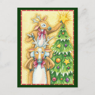 Cute Christmas Reindeer With Christmas Tree Star Holiday Postcard
