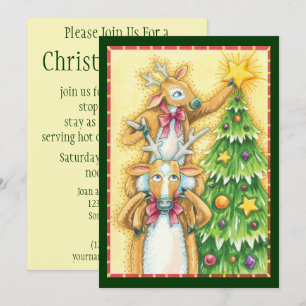 Cute Christmas Reindeer With Christmas Tree Star Invitation