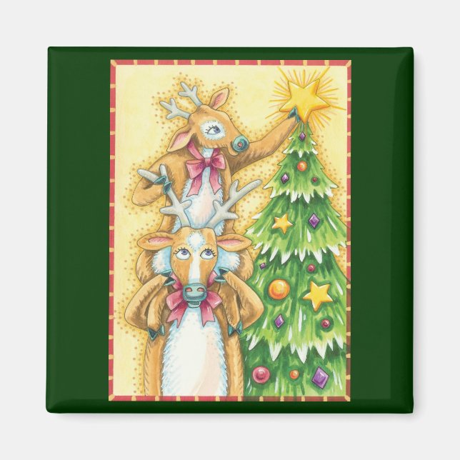 Cute Christmas Reindeer With Christmas Tree Star Magnet (Front)