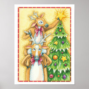 Cute Christmas Reindeer With Christmas Tree Star Poster