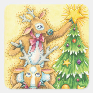 Cute Christmas Reindeer With Christmas Tree Star Square Sticker