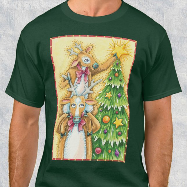 Cute Christmas Reindeer With Christmas Tree Star T-Shirt (Creator Uploaded)