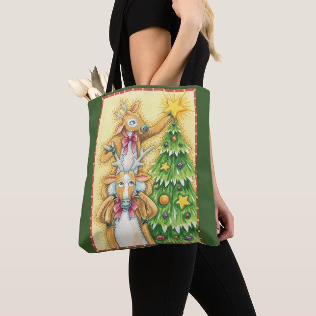 Cute Christmas Reindeer With Christmas Tree Star Tote Bag (Close Up)