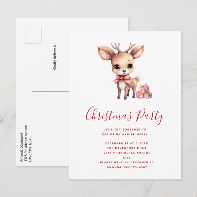 Cute Christmas Reindeer with Holiday Gifts Party Invitation Postcard (Front/Back)