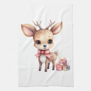 Cute Christmas Reindeer with Holiday Gifts Tea Towel
