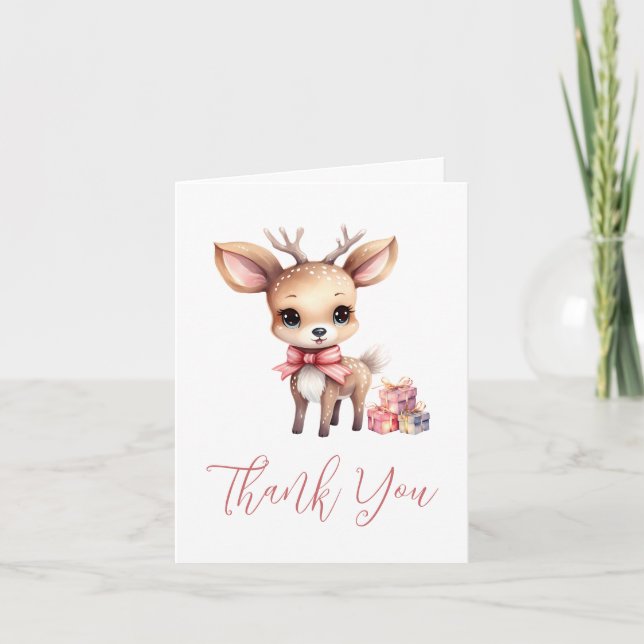 Cute Christmas Reindeer with Holiday Gifts Thank You Card (Front)