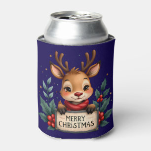 Cute Christmas Reindeer with Holly and Sign Can Cooler