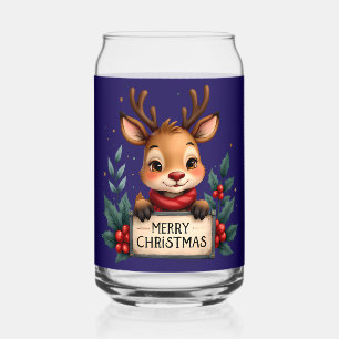 Cute Christmas Reindeer with Holly and Sign Can Glass