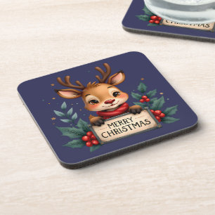 Cute Christmas Reindeer with Holly and Sign Coaster
