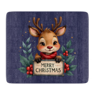 Cute Christmas Reindeer with Holly and Sign Cutting Board