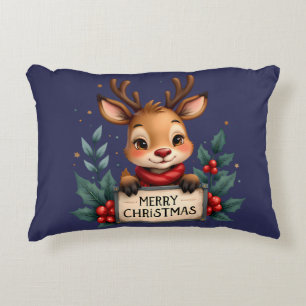 Cute Christmas Reindeer with Holly and Sign Decorative Cushion