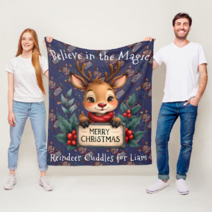 Cute Christmas Reindeer with Holly and Sign Fleece Blanket