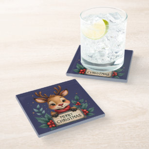Cute Christmas Reindeer with Holly and Sign Glass Coaster