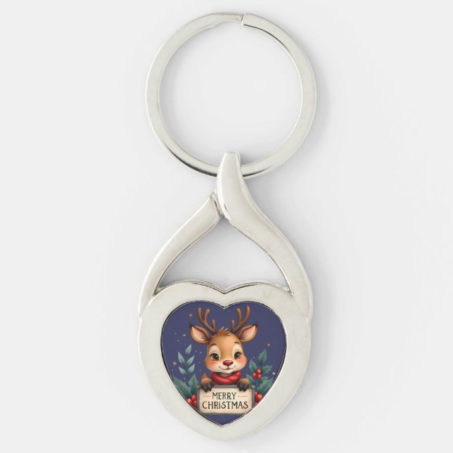 Cute Christmas Reindeer with Holly and Sign Key Ring (Front)