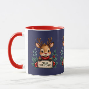Cute Christmas Reindeer with Holly and Sign Mug