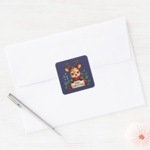 Cute Christmas Reindeer with Holly and Sign Square Sticker