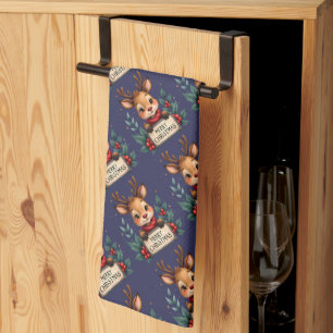 Cute Christmas Reindeer with Holly and Sign Tea Towel
