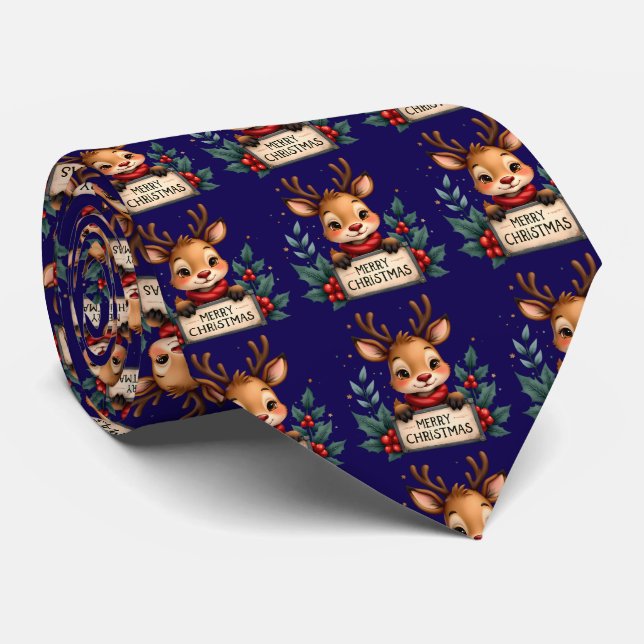 Cute Christmas Reindeer with Holly and Sign Tie (Rolled)