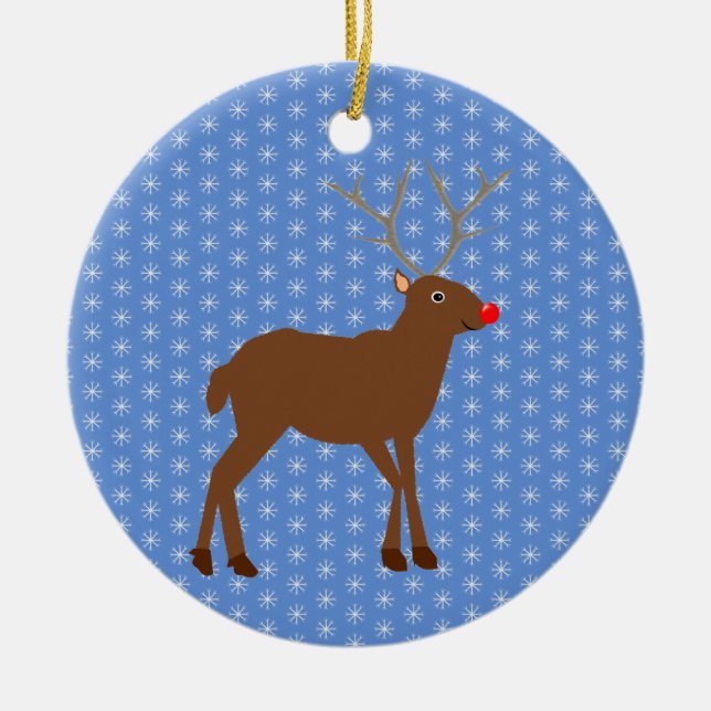 Cute Christmas Reindeer with Red Nose Custom Ceramic Tree Decoration (Front)