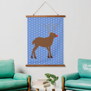 Cute Christmas Reindeer with Red Nose Hanging Tapestry