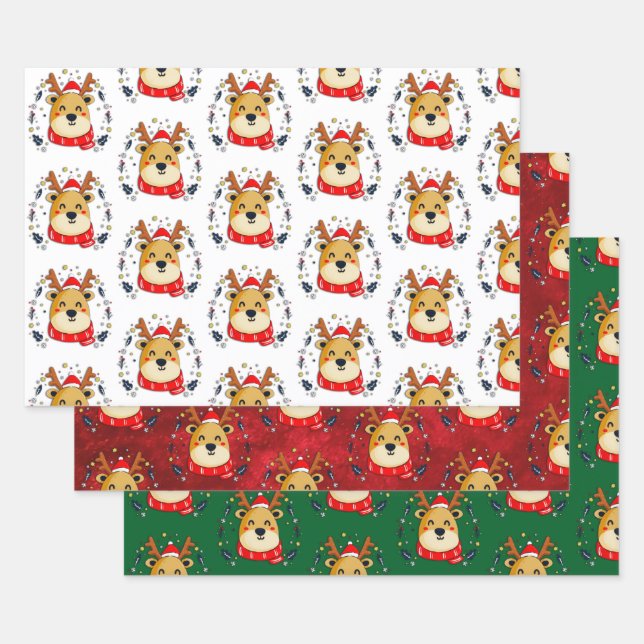 Cute Christmas Reindeer Wrapping Paper Sheet (Set)
