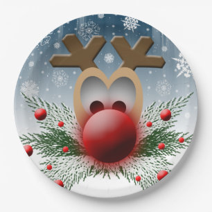 Cute Christmas Reindeer Xmas Holiday Snowflakes Paper Plate