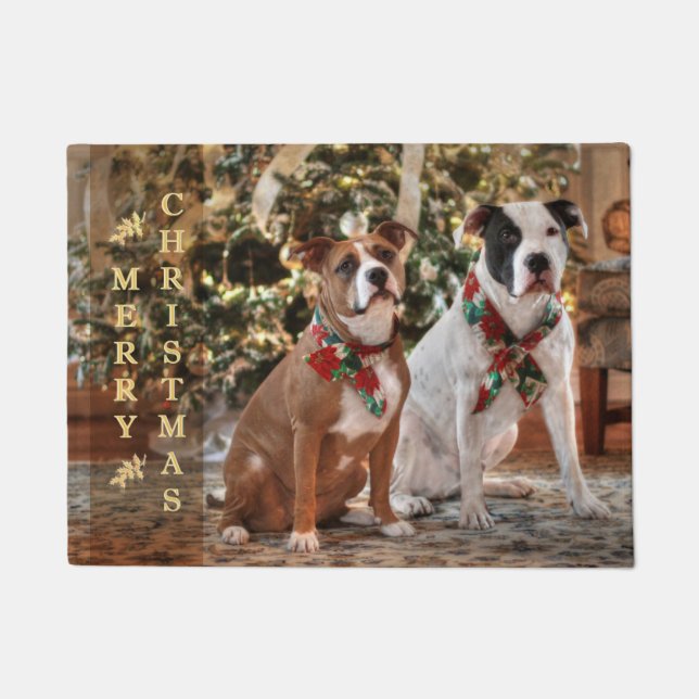 Cute Christmas Rescue Pitbull and America Bull Dog Doormat (Front)