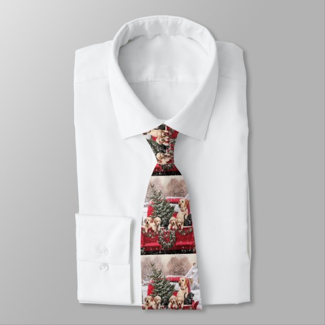 Cute Christmas Retro Red Truck With Puppies Dogs Tie (Tied)